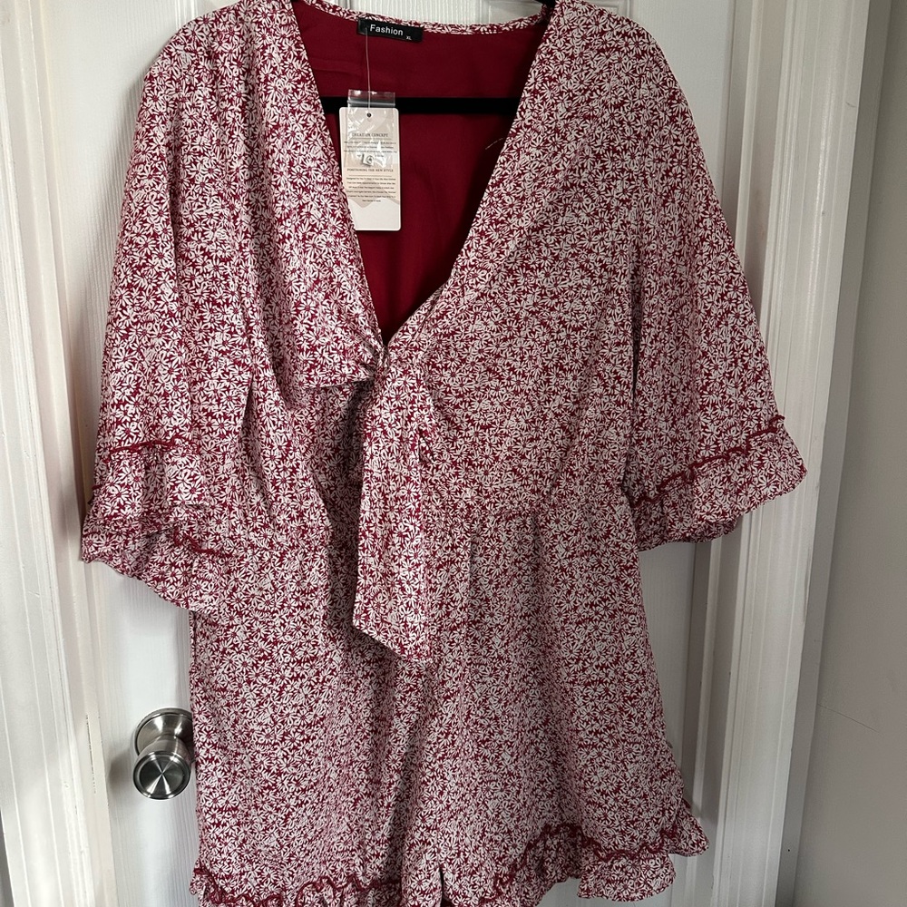 Women's Asymmetrical Red Floral Tie-Front Dress
